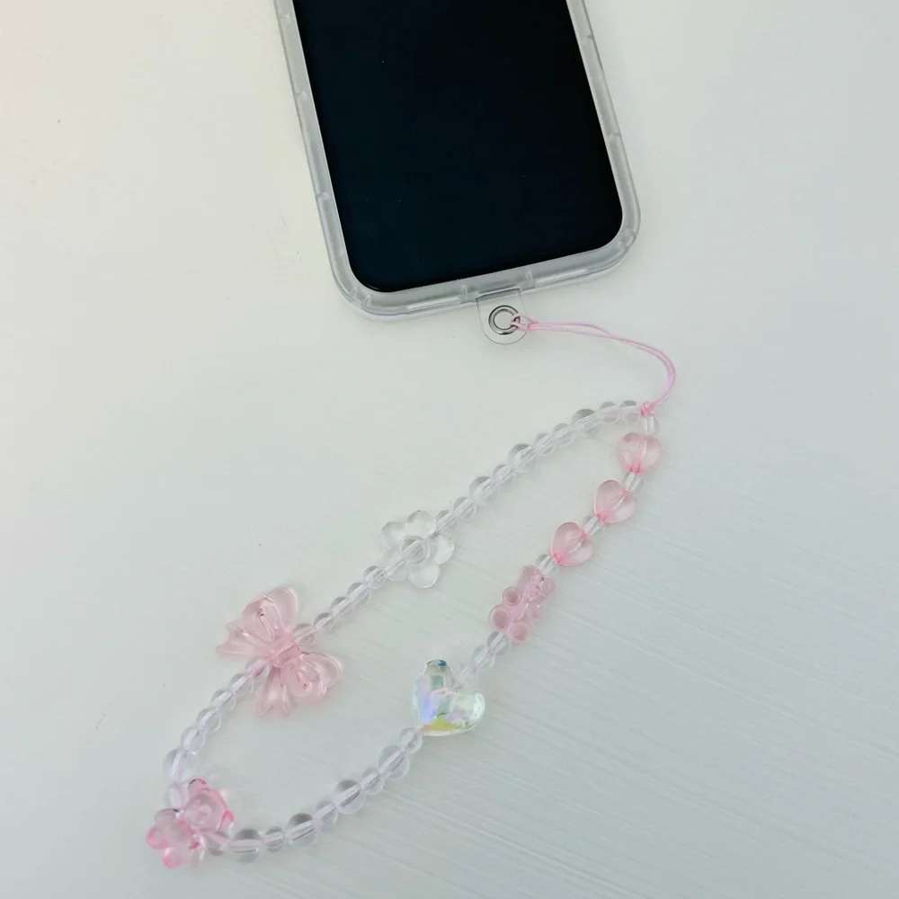 Beaded hand-held lanyard chain, phone wristlet strap pink bear butterfly